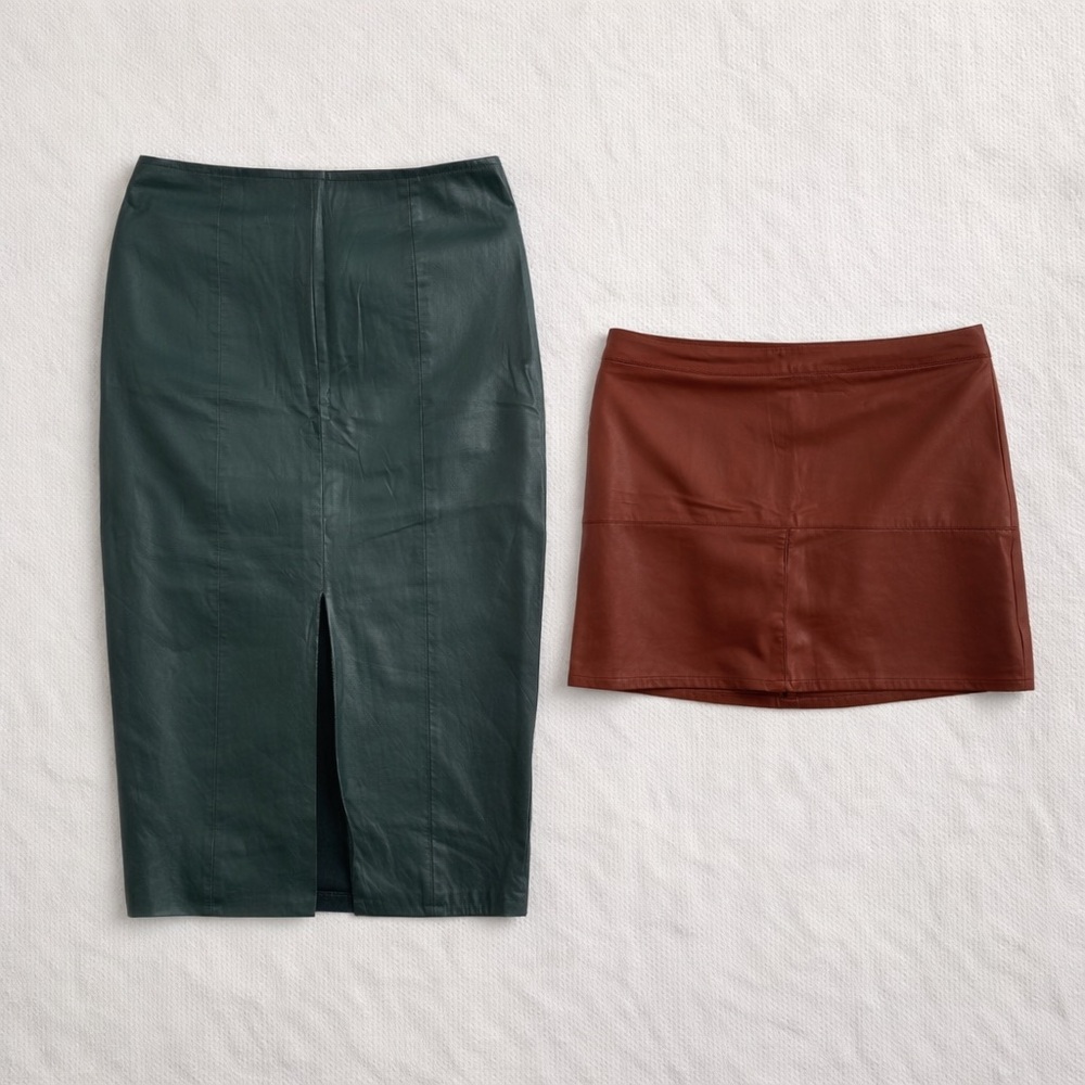 Lot of 2 leather Elegant Green and Brown Skirts - pencil and mini
